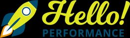 Gelbe Rakete und Text "Hello! Performance" auf schwarzem Hintergrund.