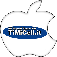 Logo a forma di mela con scritta "TiMiCell.it: Gli Esperti Siamo Noi" su sfondo blu.