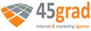 Logo der Firma 45grad, Internet- und Marketingagentur, mit grafischem Muster in Grau und Orange.
