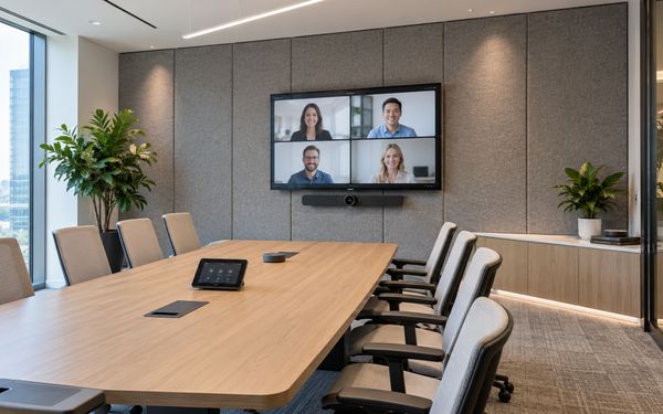 Moderner hybrider Meetingraum mit textiler Wandbespannung, Konferenztisch und Videokonferenzsystem.