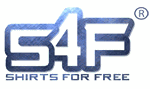 Blaues Logo mit der Aufschrift "S4F" und darunter "Shirts For Free" in Großbuchstaben.