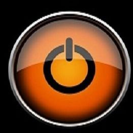 Orange power button symbol with black background.