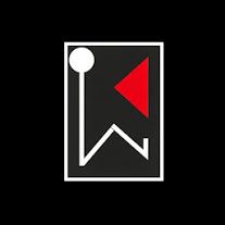 Schwarzes Rechteck mit weißem Kreis, rotem Dreieck und Zickzacklinie in der Mitte.