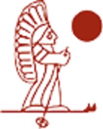 Stylized figure in headdress with a red circle beside, possibly an ancient or tribal symbol.