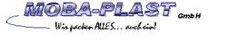 Logo der Moba-Plast GmbH mit dem Slogan "Wir packen ALLES... auch ein!" in Blau und Schwarz.