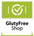 Grünes Logo mit Häkchen und Text "GlutyFree Shop" darunter, auf weißem Hintergrund.
