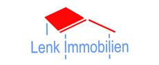 Logo von Lenk Immobilien mit stilisiertem roten Dach und blauer Schrift auf weißem Hintergrund.