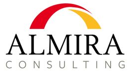 Logo von Almira Consulting mit rotem und gelbem Halbkreis über dem Firmennamen.