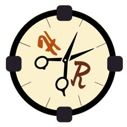 Klok met schaar als wijzers en letters 'A' en 'R' op de wijzerplaat.