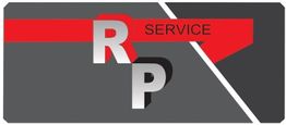 Logotipo com letras "RP" em cinza e vermelho, fundo cinza e detalhamento geométrico.