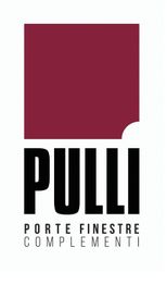 Logo con scritta "Pulli Porte Finestre Complementi" e quadrato rosso con angolo arrotondato.