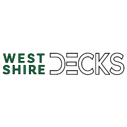"Logo of 'West Shire Decks' with green and white text on a black background."
