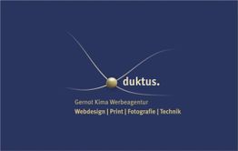 Dunkelblauer Hintergrund mit weißem Text "duktus" und Goldkugel. Dienstleistungen aufgelistet.