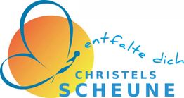 Logo mit Schmetterling und der Aufschrift "entfalte dich, Christels Scheune".