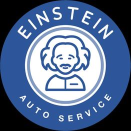 Blaues Logo mit Einstein-Karikatur und Schriftzug: "Einstein Auto Service".