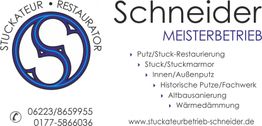Logo des Stuckateurbetriebs Schneider mit Kontaktinfos und Dienstleistungen wie Putzrestaurierung.