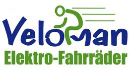 Logo "Veloman Elektro-Fahrräder" mit Radfahrer-Symbol stilisiert in Grün und Blau.