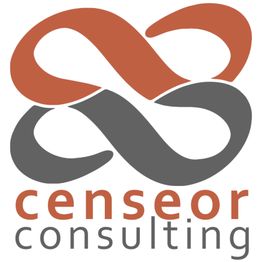 Logo de Censeor Consulting avec un symbole rouge et gris en forme de boucle.