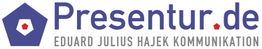 Logo von Presentur.de mit rotem Punkt im Pentagon. Text: "Eduard Julius Hajek Kommunikation".