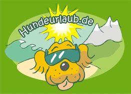 Comic-Hund mit Sonnenbrille und Sonne im Hintergrund, Schriftzug "Hundeurlaub.de".