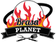 Logotipo de "Brasa Planet" con llamas, utensilios de parrilla y un planeta de fondo.