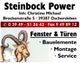 Steinbock mit Text: Steinbock Power, Fenster & Türen, Kontaktdetails und Serviceangebote.