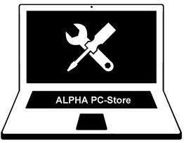Ein Laptop mit einem Schraubenschlüssel und Schraubendreher, darunter der Text "ALPHA PC-Store".