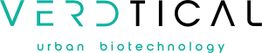 Logo de "VERDTICAL" con texto "urban biotechnology" en letras negras y verdes.