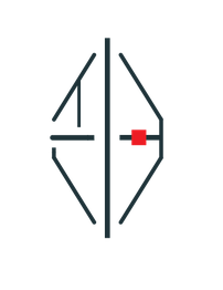 Een minimalistisch logo met zwarte lijnen en een rode rechthoek in het midden.