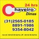 Cartaz de Chaveiro Dimas, disponível 24 hrs, com telefone e endereço destacados. Fundo amarelo.