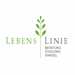 Logo mit grünem Blatt und Text: "Lebenslinie, Beratung, Coaching, Wandel" in grün und grau.