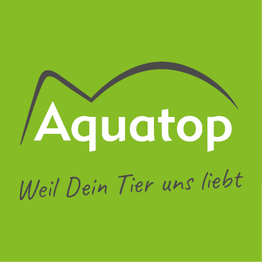 Grünes Logo mit der Aufschrift "Aquatop" und dem Slogan "Weil Dein Tier uns liebt".