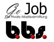 Logo mit Text: "Go Job - Die Private Arbeitsvermittlung" und "b.b.s." mit roten Punkten.