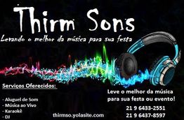 Imagem promocional da Thirm Sons, com fones e serviços de som, DJ e músicas para festas.