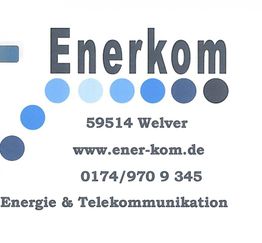 Bild mit der Aufschrift "Enerkom", Kontaktdaten und Slogan "Energie & Telekommunikation".