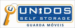 Logotipo da Unidos Self Storage, com chave amarela e fundo azul, texto "Guarda Móveis".