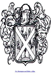 Wappen mit Helm, dekorativen Federn und Schild mit schrägem Kreuz auf gestreiftem Hintergrund.