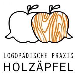 Zwei Apfelumrisse, einer mit Holzstruktur. Text: "Logopädische Praxis Holzäpfel".