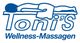 Zeichnung einer Person bei Wellness-Massage, Text "Toni's Wellness-Massagen" in Blau.