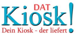 Logo von "Dat Kiosk" in blauer Schrift mit dem Slogan "Dein Kiosk - der liefert" in Rot darunter.