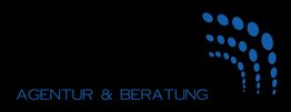 Logo mit blauen Punkten und dem Text "Agentur & Beratung" vor schwarzem Hintergrund.