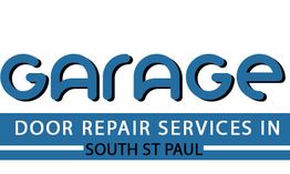 "Garage door repair services signage in South St Paul with a blue and white design."