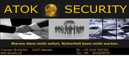 ATOK SECURITY Logo mit Handschlag, Menschen und Sicherheitsbildern. Slogan: "Sicherheit kann nicht warten."