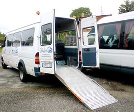 Kleinbus mit geöffneter Tür und ausklappbarer Rampe, geeignet für Rollstuhlnutzer.