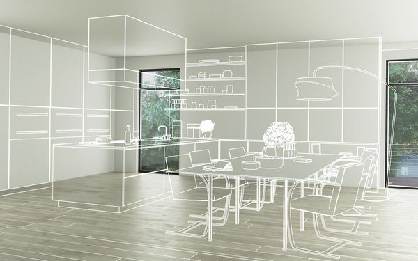 Leerer Raum mit Skizze einer Küche und Essbereich