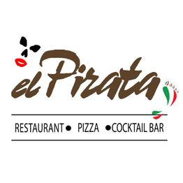 Logotipo "El Pirata" con labios y mariposa. Texto: Restaurante, Pizza, Cocktail Bar.