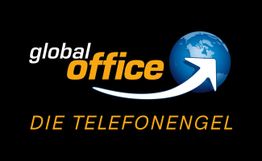 Logo mit Globus und Pfeil, Text: "global office - DIE TELEFONENGEL" auf schwarzem Hintergrund.