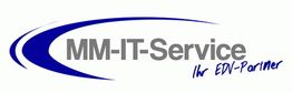 Logo von MM-IT-Service mit dem Slogan "Ihr EDV-Partner" und blauen Designelementen.