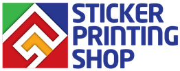 Logo of "Sticker Printing Shop" with colorful geometric shapes on the left.