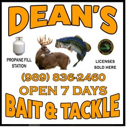 Dean's Bait & Tackle sign, open 7 days, offers propane and licenses. Phone: (989) 836-2460.